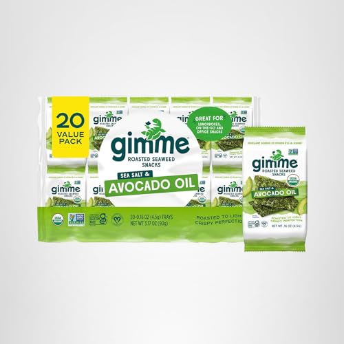 Gimme Seaweed Organic Premium Roasted Seaweed Snacks, Sea Salt, 20 Count, Keto, Vegan, Gluten-Free, Great Source of Omega3s and Iodine, Healthy On-The-Go Snack for Kids and Adults