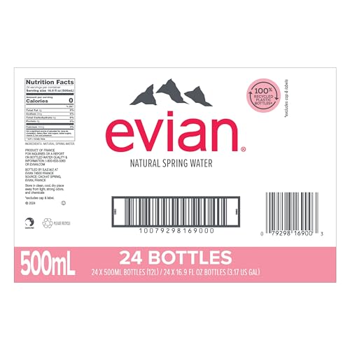 evian Natural Spring Water, PH Balanced with Natural Electrolytes, 16.9fl oz./500mL Bottles (pack of 24)
