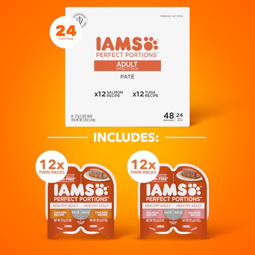 IAMS Perfect Portions Healthy Adult Wet Cat Food Pate, Chicken and Tuna Recipe Variety Pack, Easy Peel Twin-Pack Trays (12 Count, 24 Servings) (Pack of 2)