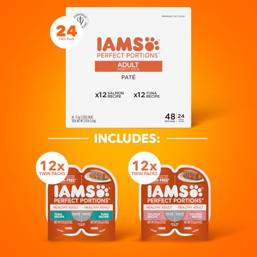 IAMS Perfect Portions Healthy Adult Wet Cat Food Pate, Chicken and Tuna Recipe Variety Pack, Easy Peel Twin-Pack Trays (12 Count, 24 Servings) (Pack of 2)