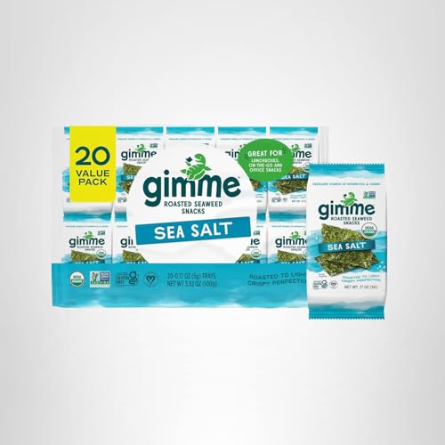Gimme Seaweed Organic Premium Roasted Seaweed Snacks, Sea Salt, 20 Count, Keto, Vegan, Gluten-Free, Great Source of Omega3s and Iodine, Healthy On-The-Go Snack for Kids and Adults