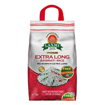 Laxmi Brand, Extra Long Grain Basmati Rice, Free Saffron Included, Made Pure, Made Fresh, Tradition of Quality Since 1972, House of Spices, Product of India (10lb)