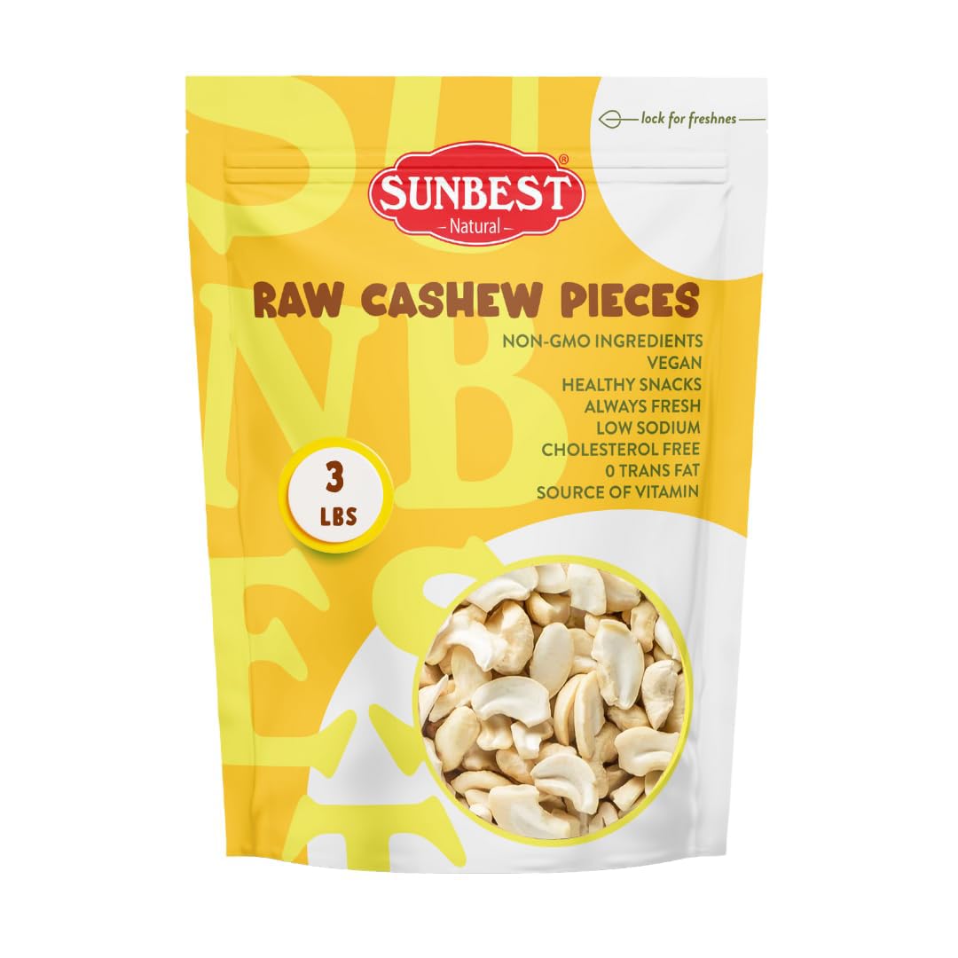 Sunbest Natural Raw Cashew Halves & Pieces, 5 lbs – Unsalted & Unroasted – Bulk Cashews to Eat – For Party Snacks, Baking & Topping – Rich in Plant-Based Protein & Fiber (80 oz)