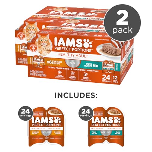 IAMS Perfect Portions Healthy Adult Wet Cat Food Pate, Chicken and Tuna Recipe Variety Pack, Easy Peel Twin-Pack Trays (12 Count, 24 Servings) (Pack of 2)
