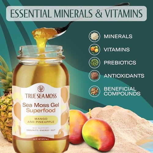 TrueSeaMoss Sea Moss Gel – Made in USA – Wildcrafted Seamoss, Fruits & Jarred Vegetables – Mango/Pineapple, Pack of 1 (Labels may Vary)