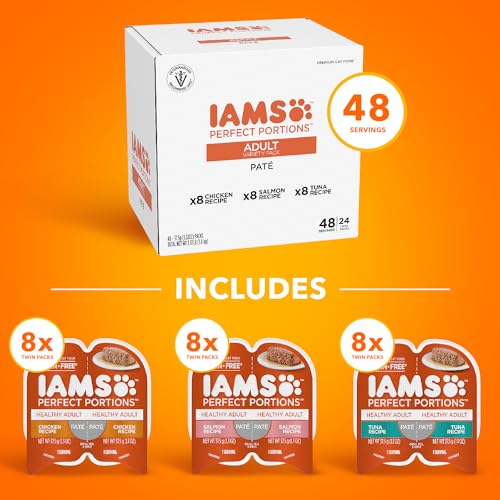 IAMS Perfect Portions Healthy Adult Wet Cat Food Pate, Chicken and Tuna Recipe Variety Pack, Easy Peel Twin-Pack Trays (12 Count, 24 Servings) (Pack of 2)