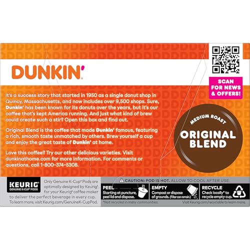 Dunkin' Original Blend Medium Roast Coffee, 60 Keurig K-Cup Pods