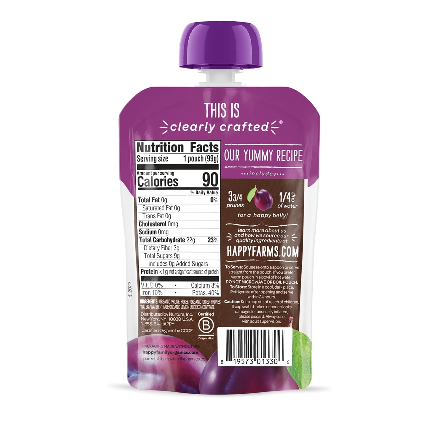 Happy Baby Organics Clearly Crafted Stage 1 Baby Food Pouches, Prunes, 3.5 Ounce Pouch (Pack of 16)