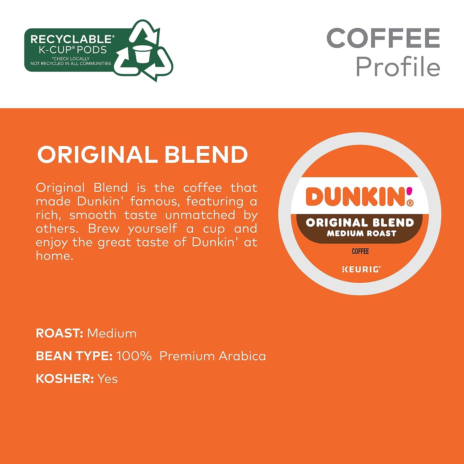 Dunkin' Original Blend Medium Roast Coffee, 60 Keurig K-Cup Pods