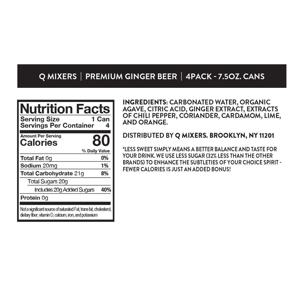 Q GINGER BEER with Real Ginger & Organic Agave - Ideal for Cocktails & Mocktails - Made with Real Ingredients, Perfectly Carbonated & Less Sweet - 80 Calories per Can - 7.5 Fl Oz Cans (Pack of 24)