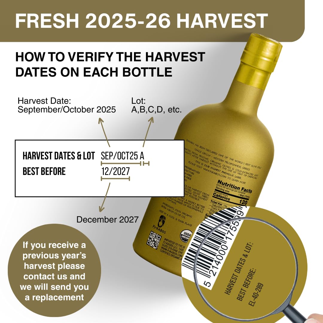 P.J. KABOS 2025/26 Fresh Harvest, Extremely High Phenolic (900+ mg/kg), USDA Organic Greek Extra Virgin Olive Oil, Kosher, Cold Extracted, 16.9oz Glass Bottle, PJ KABOS “Family Reserve Organic - Phenolic Shot”