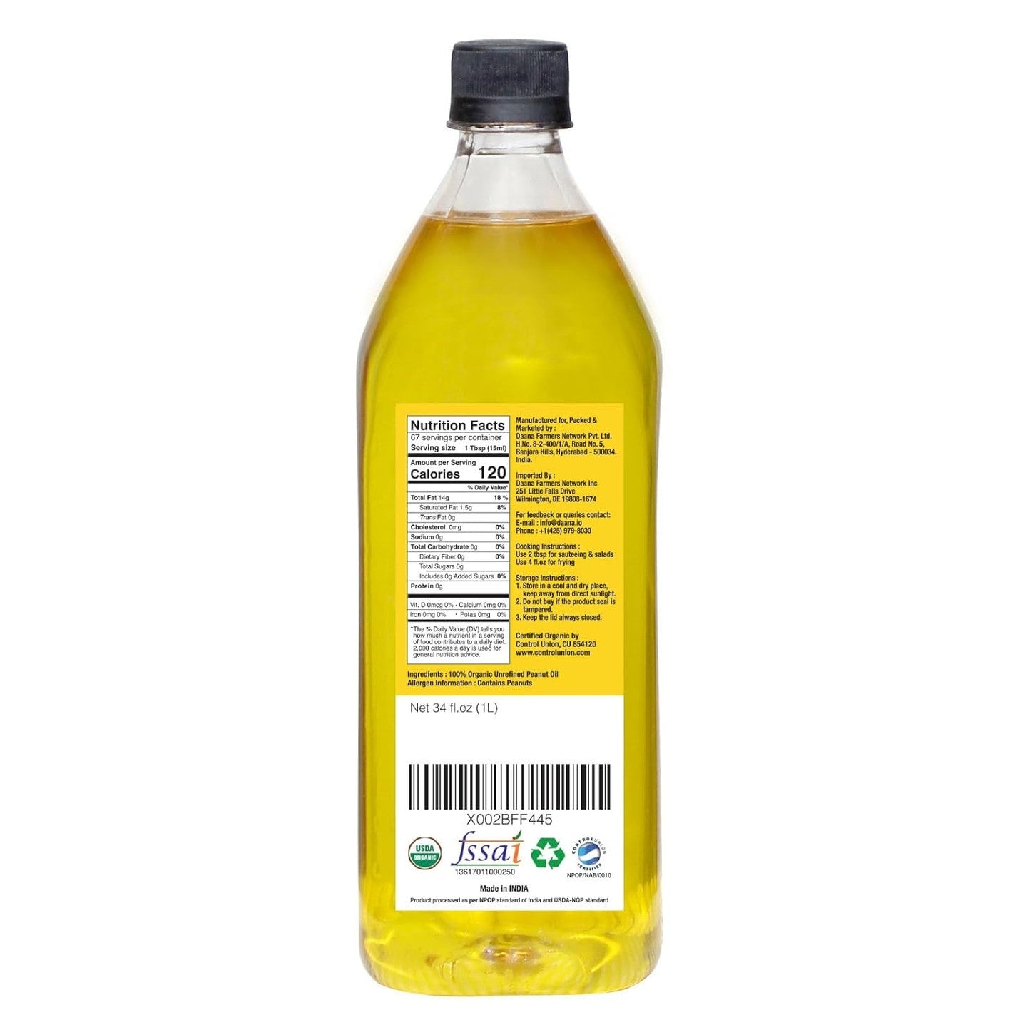 Daana Peanut Oil: CERTIFIED USDA ORGANIC, EXTRA VIRGIN, COLD PRESSED (34 Fl oz)