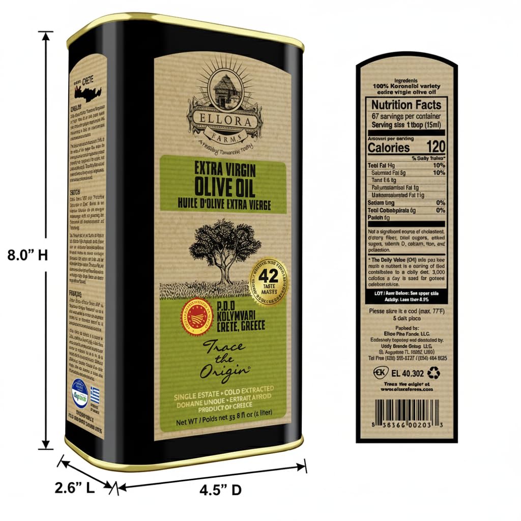 Ellora Farms Olive Oil Extra Virgin, Certified Single Estate PDO, Polyphenol Rich Extra Virgin Olive Oil Cold Pressed & Traceable, Global Gold Awards EVOO, Kosher, Crete, Greece 33.8 Fl oz (1 Ltr)