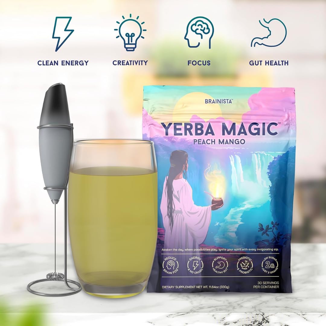 Yerba Magic – Yerba Mate Tea Instant Powder Super Drink with Nootropics, Prebiotics & Probiotics – Clean Energy, Mental Clarity & Gut Wellness | Low Sugar, Natural Caffeine – Peach Mango, 30 Servings
