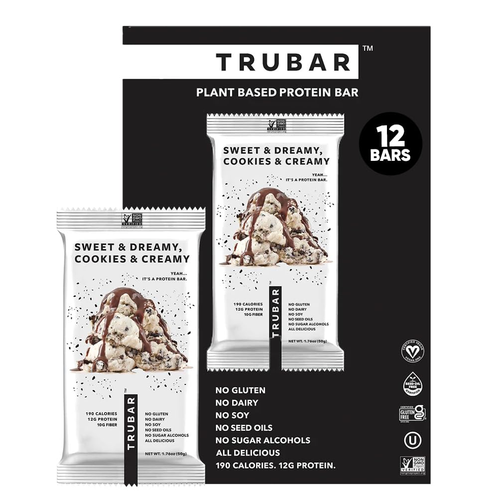 TRUBAR Vegan Protein Bars - Soy Free, Dairy Free, Gluten Free Protein Bars - No Sugar Alcohols - Non-GMO - 12g of Protein - It's Mint To Be Chip - 12 Count