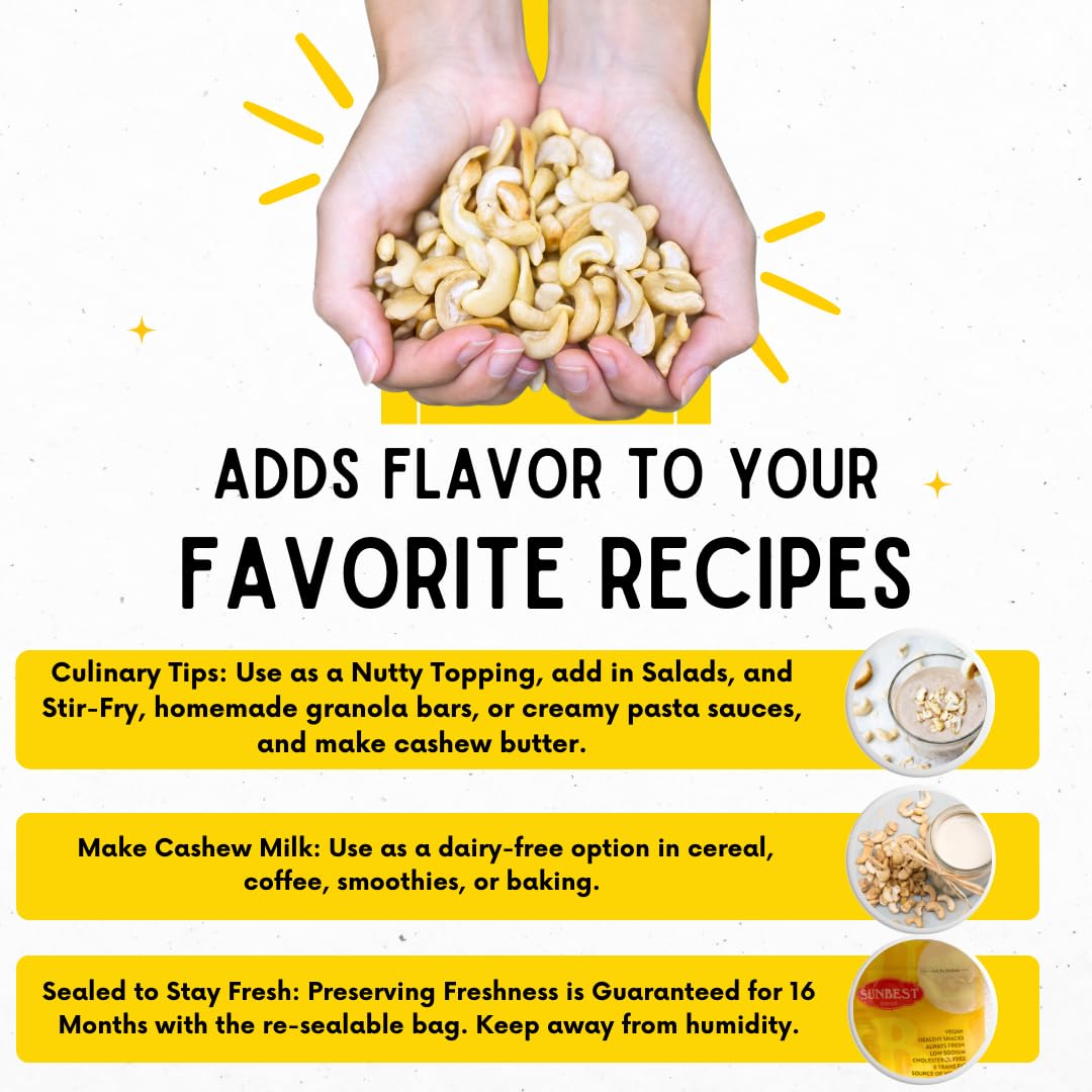 Sunbest Natural Raw Cashew Halves & Pieces, 5 lbs – Unsalted & Unroasted – Bulk Cashews to Eat – For Party Snacks, Baking & Topping – Rich in Plant-Based Protein & Fiber (80 oz)