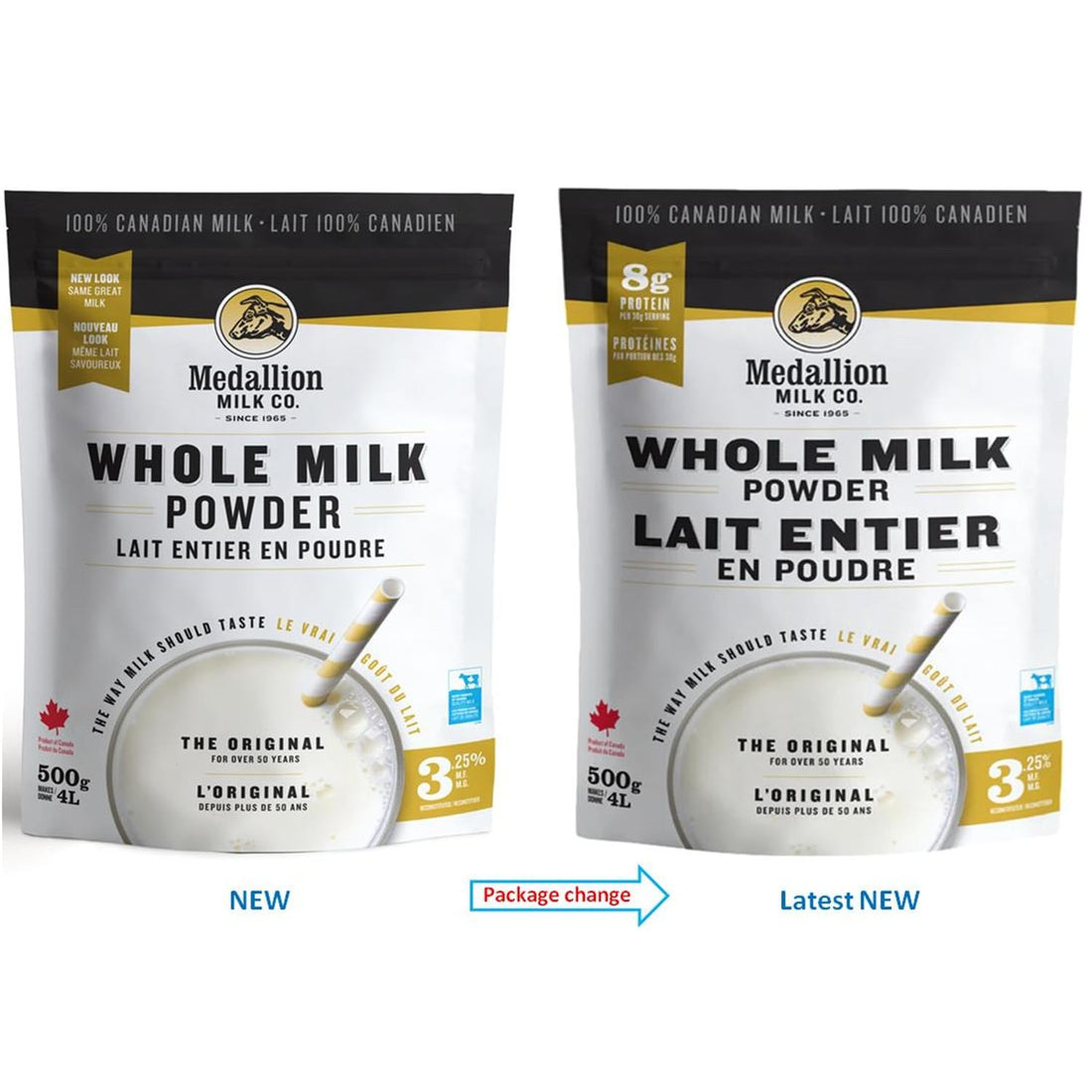 Medallion Brand Whole Milk Powder 500g - Dried Milk from Canada, Free of Antibiotics, No rbST or rBGH