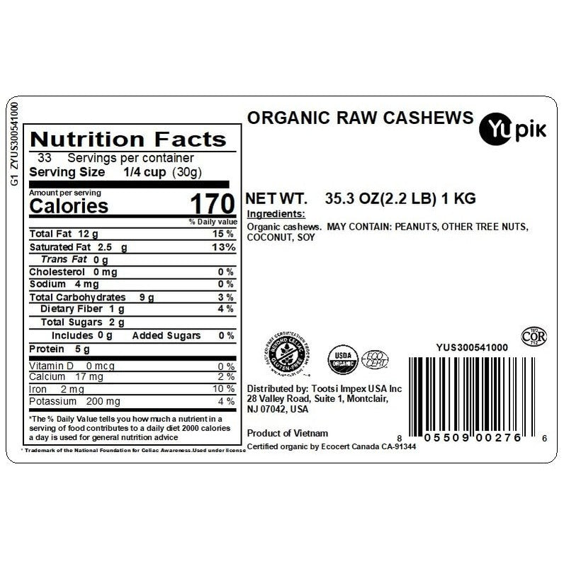 Yupik Organic Raw Cashews, 2.2 lb (35.2 oz), Kosher, Gluten-Free, Non-GMO, Vegan, Whole Nuts, Unsalted, Unroasted, Source of Protein & Iron, Nutritious, Crunchy, Healthy Snacks, For Baking & Cooking