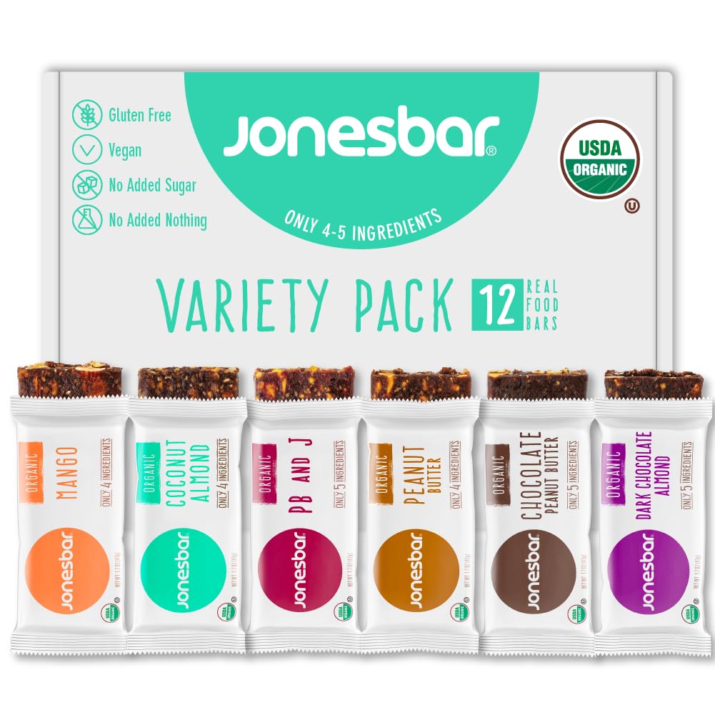 JONESBAR Organic Plant Based Protein Bars | Peanut Butter and Jelly | Fruit & Nut Bar, Kosher, Gluten Free, Breakfast Bars, School Snacks, Vegan Snack & Healthy Snacks for Adults and Kids (Pack of 12)