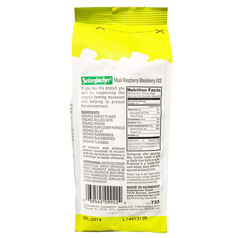 Seitenbacher Muesli Organic Oat, Barley, Raspberry and Blackberry Muesli, Wheat Free, 3 Pack 13.2-Ounce Bags, made in Germany