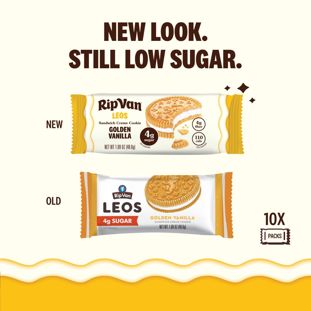 Rip Van LEOs - Golden Vanilla Sandwich Cookies - Low Sugar Snack Cookies - Low Carb Snack - Diabetic Snacks - 40 Low Sugar Cookies (10 Packs of 1.69oz)