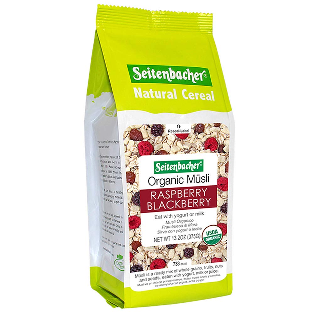 Seitenbacher Muesli Organic Oat, Barley, Raspberry and Blackberry Muesli, Wheat Free, 3 Pack 13.2-Ounce Bags, made in Germany