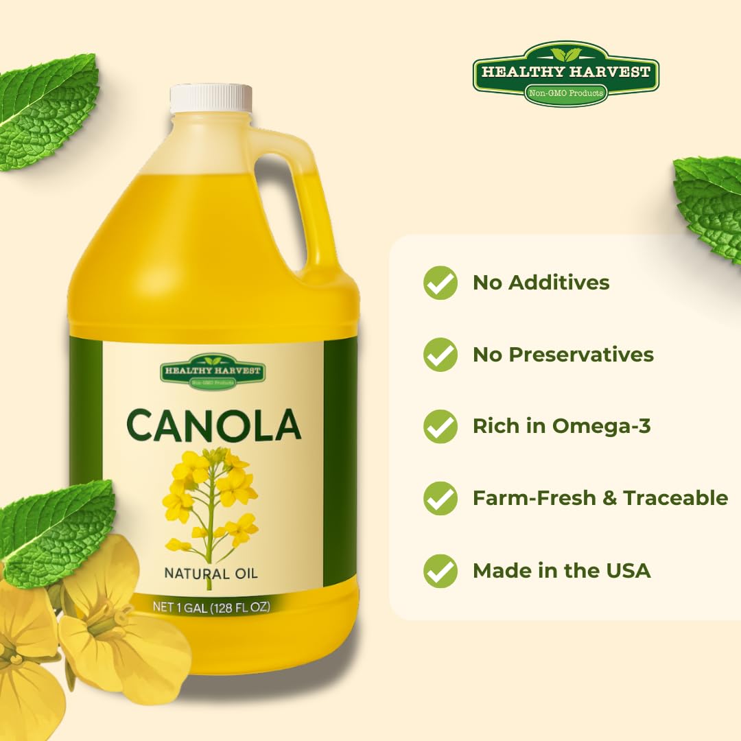 Healthy Harvest Canola Oil, Naturally Expeller Pressed, Gourmet Canola Cooking Oil, Medium-Heat Cooking, Great for Dressings, Marinades, and Frying, 1-Gallon