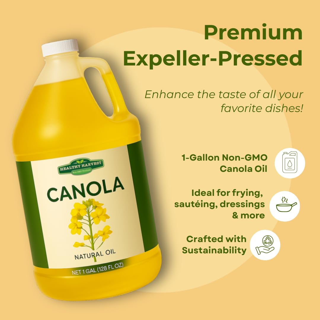 Healthy Harvest Canola Oil, Naturally Expeller Pressed, Gourmet Canola Cooking Oil, Medium-Heat Cooking, Great for Dressings, Marinades, and Frying, 1-Gallon