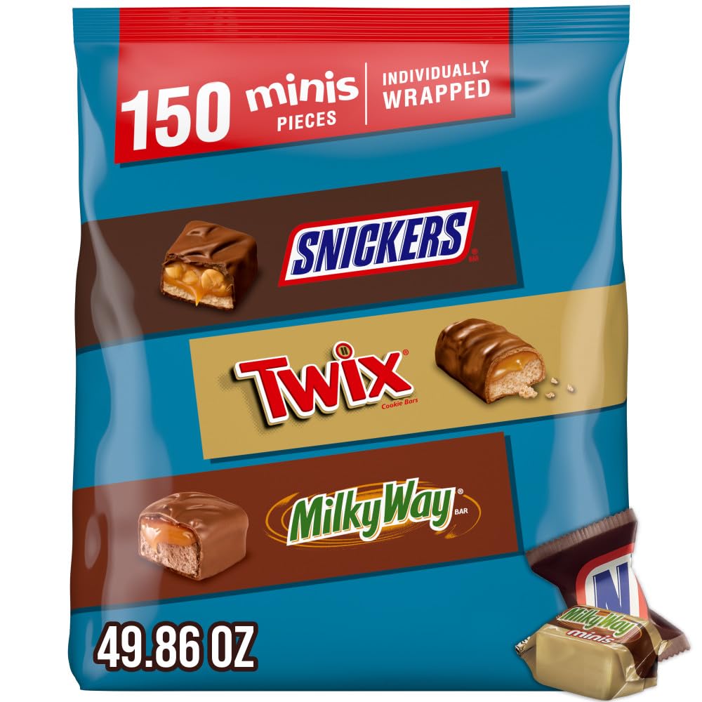 SNICKERS, TWIX & MILKY WAY Minis Assorted Chocolate Candy Variety Pack, Candy Bag, 150 Ct Bulk Bag