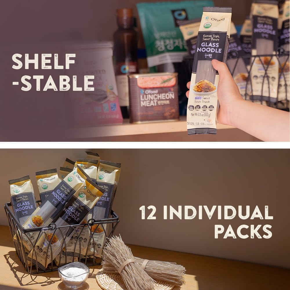 Organic Glass Noodles – [12 Pack - 42oz] – Gluten-Free | Sugar Free | Korean Sweet Potato Vermicelli | Vegan & No Sodium | Low-Calorie Rice & Pasta Alternative for Stir-Fry, Soup & Asian Recipes - O’food