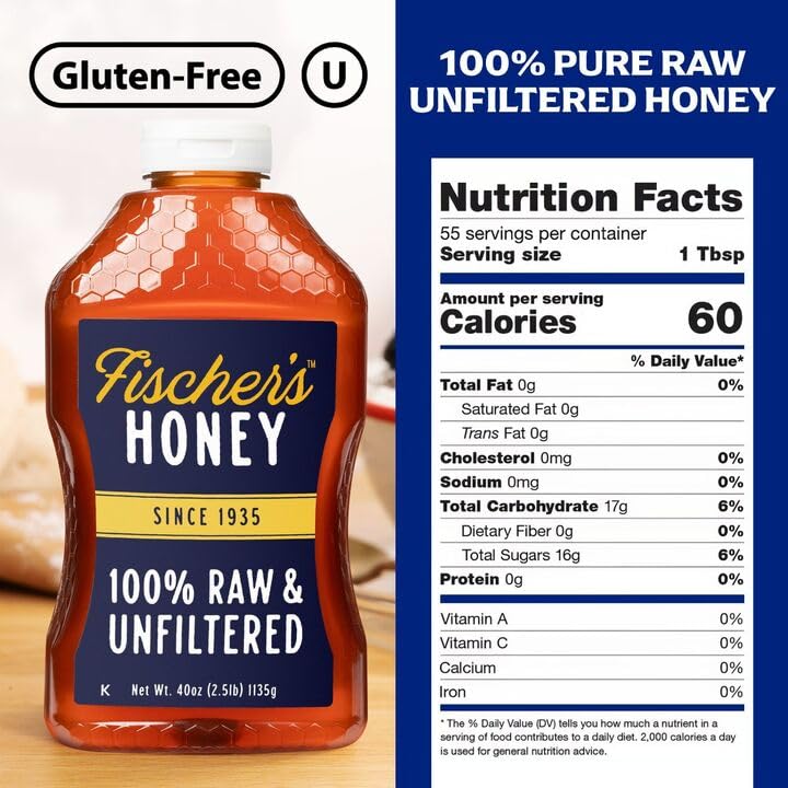 Fischer's 100% Pure, Raw & Unfiltered Honey, 40 oz – All-Natural Sweetener – Rich Flavor Profile, Packed with Nutrients