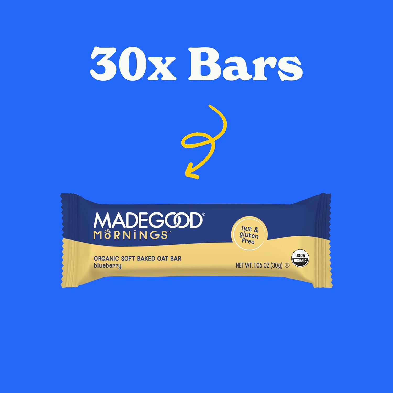 MadeGood Mornings Soft Baked Breakfast Bars, Blueberry, 1.06 Oz (30 Count) Gluten Free Snacks