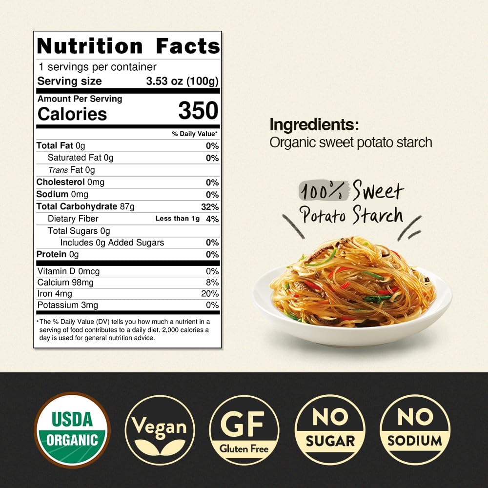Organic Glass Noodles – [12 Pack - 42oz] – Gluten-Free | Sugar Free | Korean Sweet Potato Vermicelli | Vegan & No Sodium | Low-Calorie Rice & Pasta Alternative for Stir-Fry, Soup & Asian Recipes - O’food