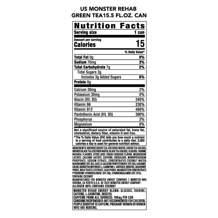 Monster Energy Rehab Green Tea + Energy, Energy Drink 15.5 Ounce | Energy Iced Tea, Pack of 15