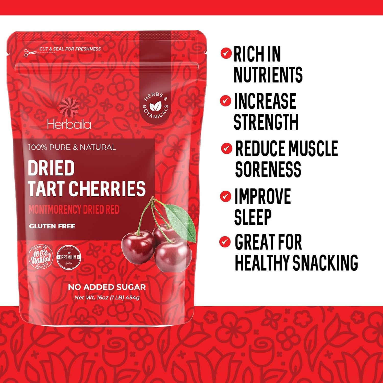 Herbaila Dried Cherries Tart Cherry, Montmorency Tart Cherries, Dried Sour Cherries Fresh, Montmorency Dried Tart Cherries, Dried Cherries, All-Natural Whole Sour Cherry (1lb)