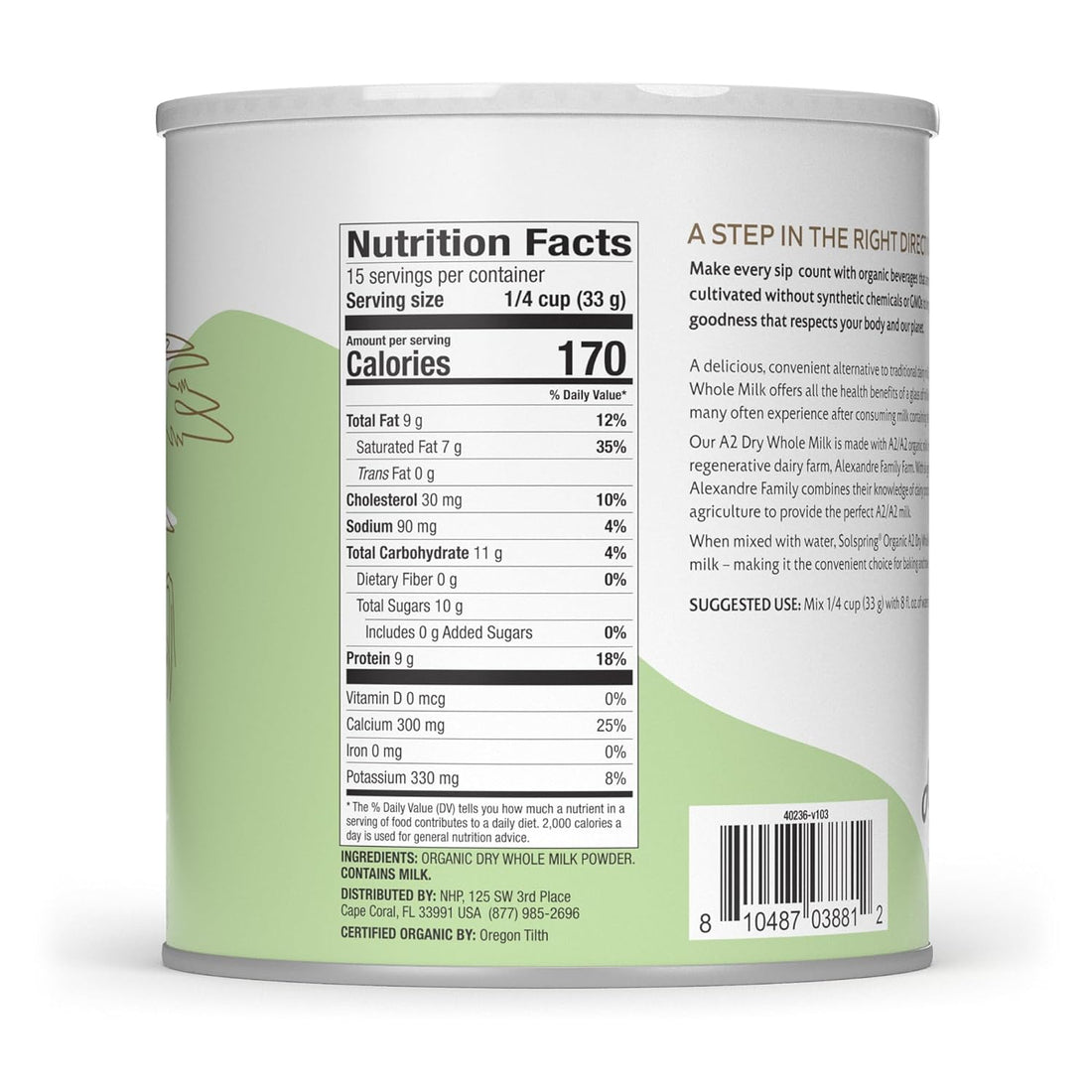 Dr. Mercola Solspring Organic A2 Dry Whole Milk - Powdered Milk with A2 Beta-Casein for Less Digestive Discomfort - Organic, Gluten-Free & Soy-Free - Original Flavor - 17.4 oz (15 Servings)