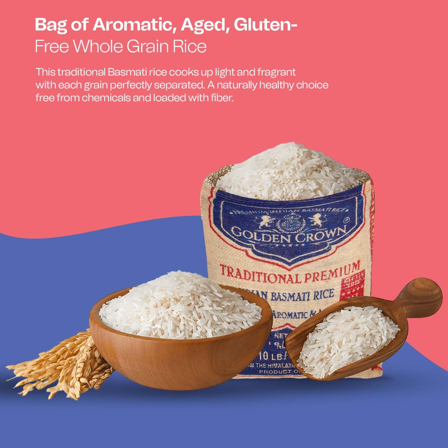 Golden Crown Traditional Premium Basmati Rice - 160 oz (10LB) | Naturally Aromatic & Aged Gluten | Chemical + Fat-Free Extra Long Authentic Fragrant | Fiber Vegan Halal Kosher Whole grains