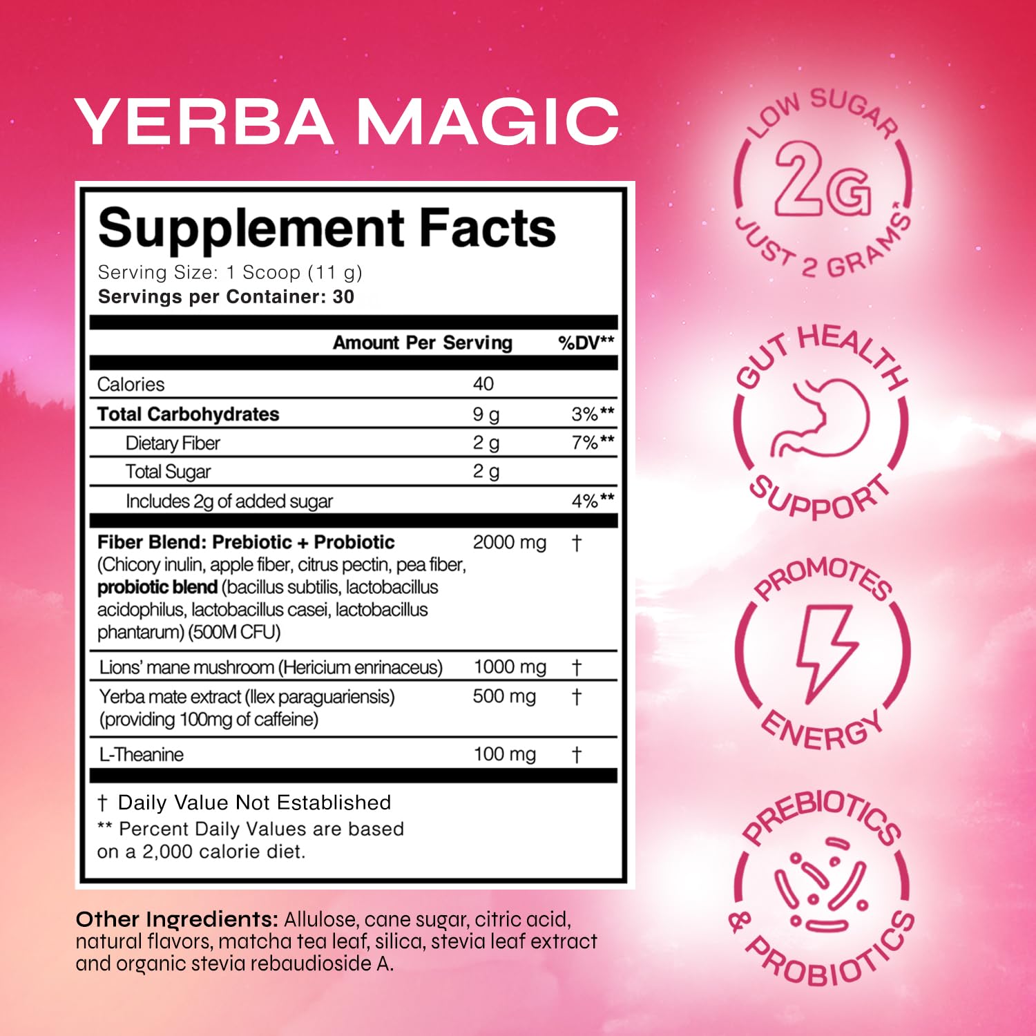 Yerba Magic – Yerba Mate Tea Instant Powder Super Drink with Nootropics, Prebiotics & Probiotics – Clean Energy, Mental Clarity & Gut Wellness | Low Sugar, Natural Caffeine – Peach Mango, 30 Servings