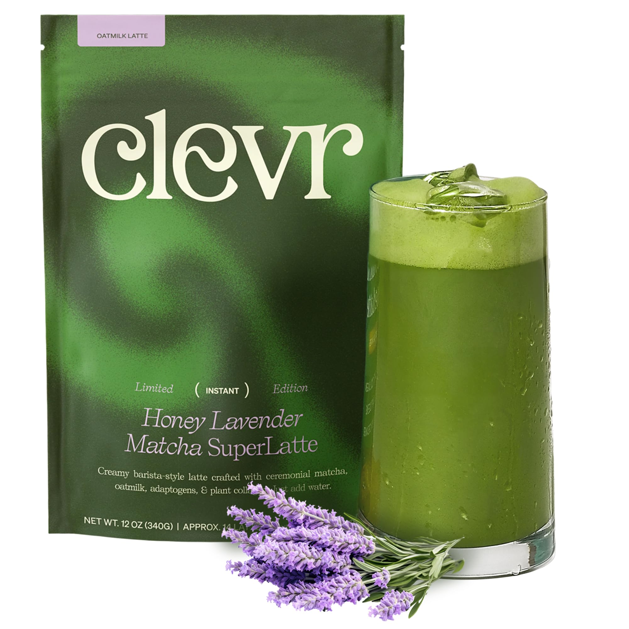 Clevr Organic Matcha Green Tea Latte, Instant Ceremonial Grade, Superfood Powder Blend with Oat Milk, Lions Mane, Reishi Mushroom, Coconut Cream, Ashwagandha, Serve Hot or Iced, (14 Lattes)