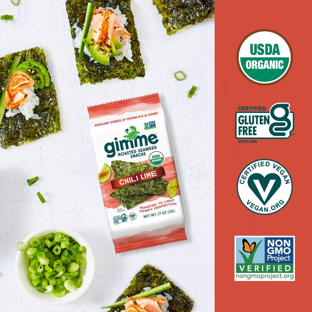 Gimme Seaweed Organic Premium Roasted Seaweed Snacks, Sea Salt, 20 Count, Keto, Vegan, Gluten-Free, Great Source of Omega3s and Iodine, Healthy On-The-Go Snack for Kids and Adults