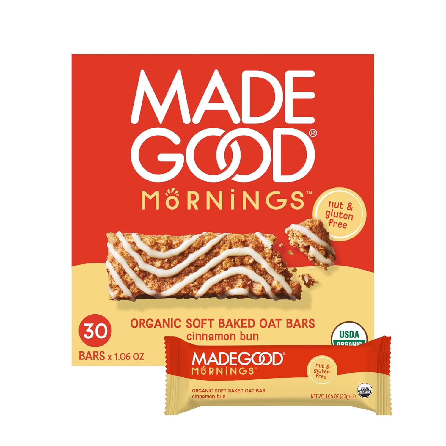 MadeGood Mornings Soft Baked Breakfast Bars, Blueberry, 1.06 Oz (30 Count) Gluten Free Snacks