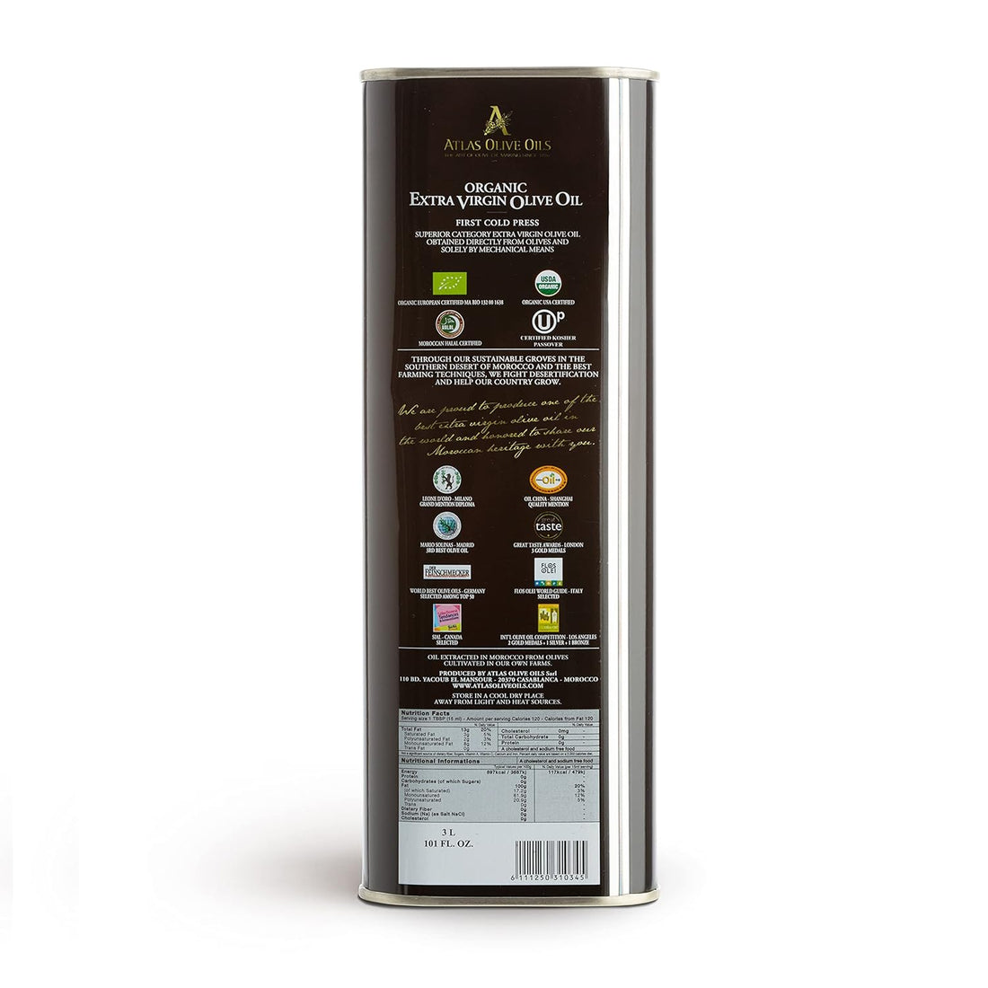 Atlas 3 LT Organic Cold Press Extra Virgin Olive Oil with Polyphenol Rich from Morocco|Newly Harvested Unprocessed from One Single Family Farm | Moroccan EVOO Trusted by Award-Winning Chefs