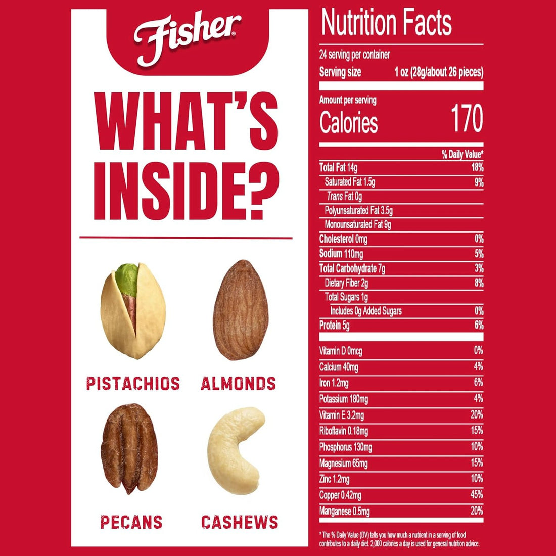 Fisher Oven Roasted Never Fried Deluxe Mixed Nuts, 24 Ounces (Pack of 1), Almonds, Cashews, Pecans, Pistachios, Healthy Snacks for Adults, Made With Sea Salt, No Added Oil, Trail Mix, Gluten Free