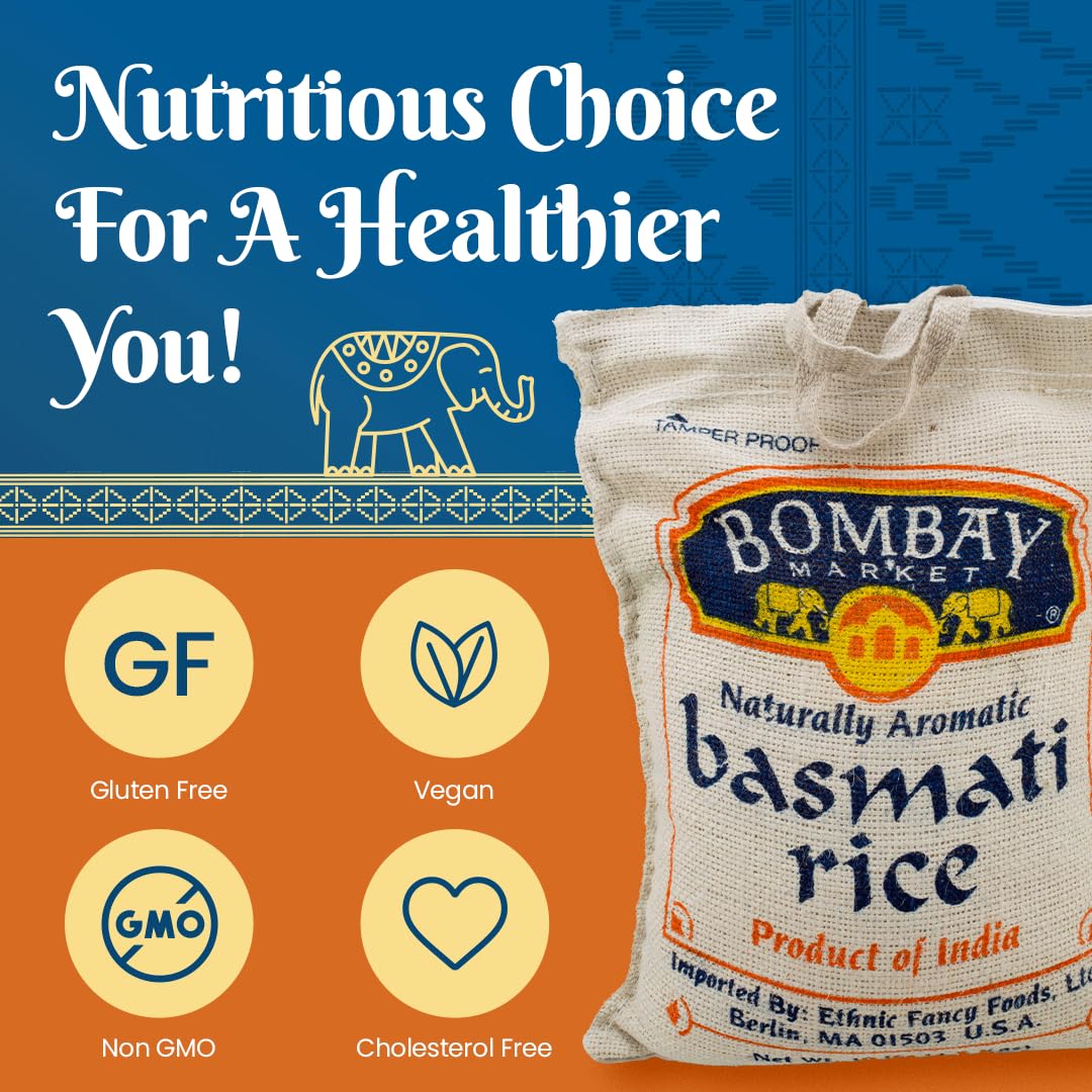 Bombay Market White Basmati Rice - Aromatic & Nutty Flavor Basmati Rice - Long Grain Rice Basmati (10 Pound Bag)