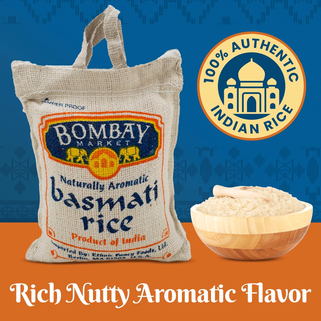 Bombay Market White Basmati Rice - Aromatic & Nutty Flavor Basmati Rice - Long Grain Rice Basmati (4 Pound Bag)