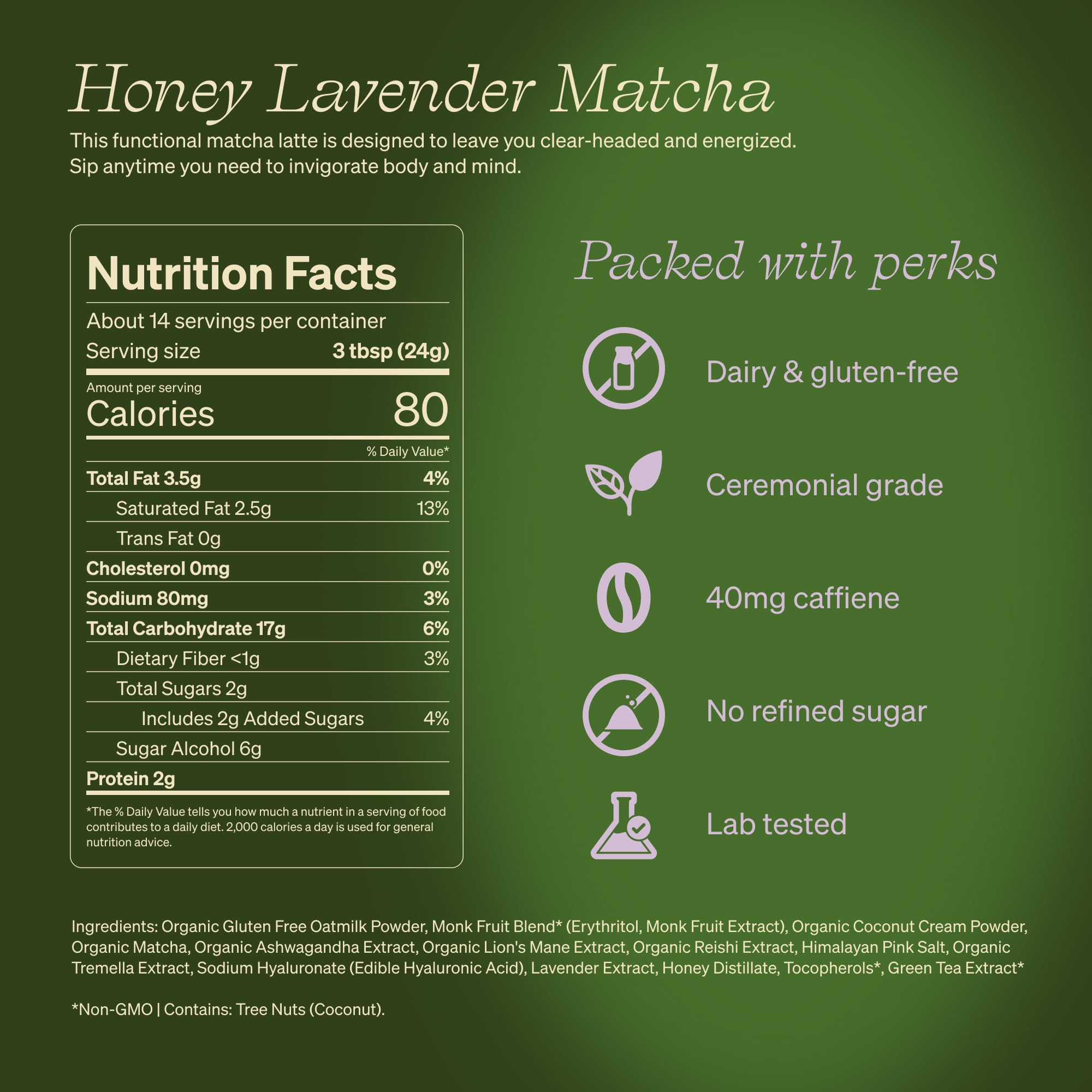 Clevr Organic Matcha Green Tea Latte, Instant Ceremonial Grade, Superfood Powder Blend with Oat Milk, Lions Mane, Reishi Mushroom, Coconut Cream, Ashwagandha, Serve Hot or Iced, (14 Lattes)