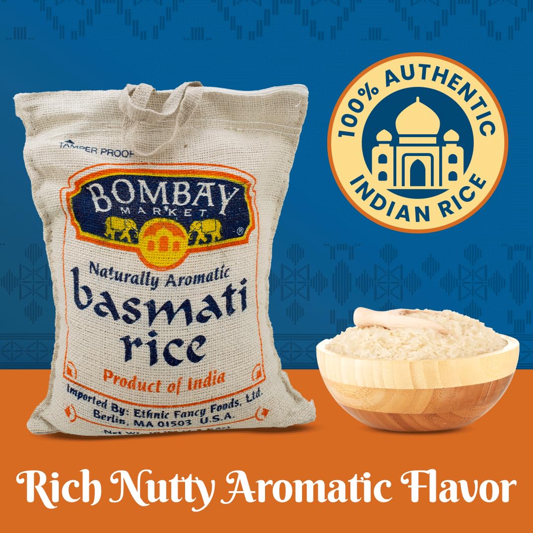 Bombay Market White Basmati Rice - Aromatic & Nutty Flavor Basmati Rice - Long Grain Rice Basmati (10 Pound Bag)