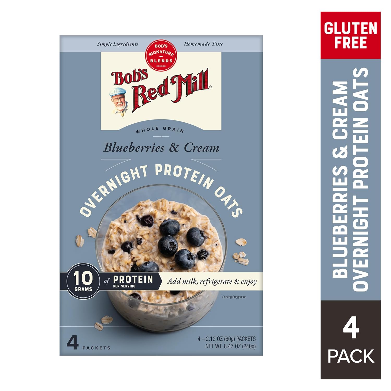 Bob's Red Mill Overnight Protein Oats, Blueberries & Cream, 16 Packets Total, Non-GMO, Gluten Free, Whole Grain