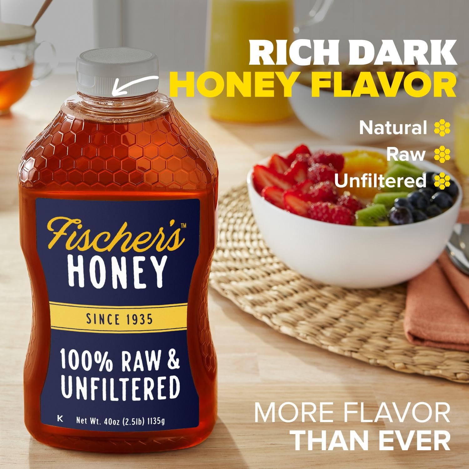 Fischer's 100% Pure, Raw & Unfiltered Honey, 40 oz – All-Natural Sweetener – Rich Flavor Profile, Packed with Nutrients