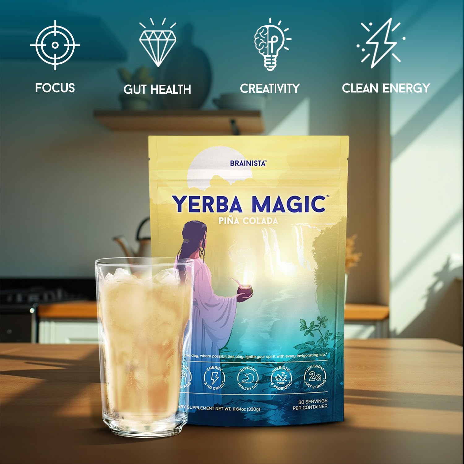 Yerba Magic – Yerba Mate Tea Instant Powder Super Drink with Nootropics, Prebiotics & Probiotics – Clean Energy, Mental Clarity & Gut Wellness | Low Sugar, Natural Caffeine – Peach Mango, 30 Servings